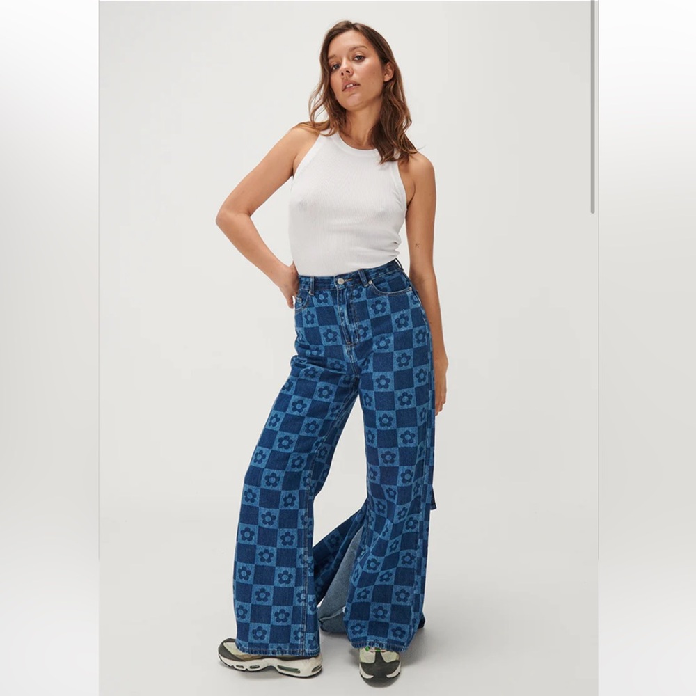Retro checkered loose fit wide leg jeans!! - Picture 2 of 10